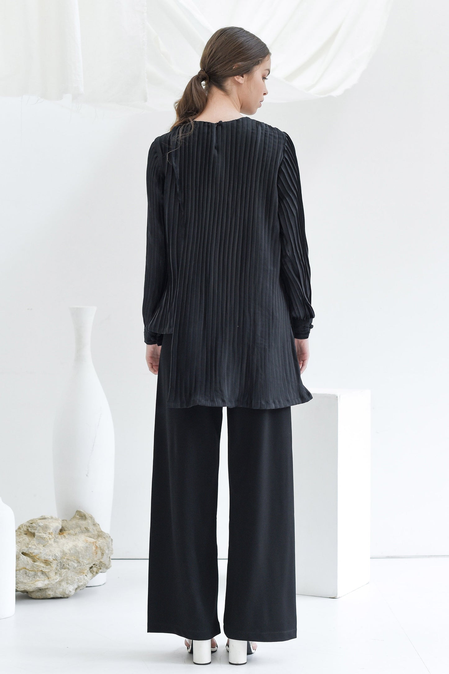 Black Asymmetric Pleated Blouse