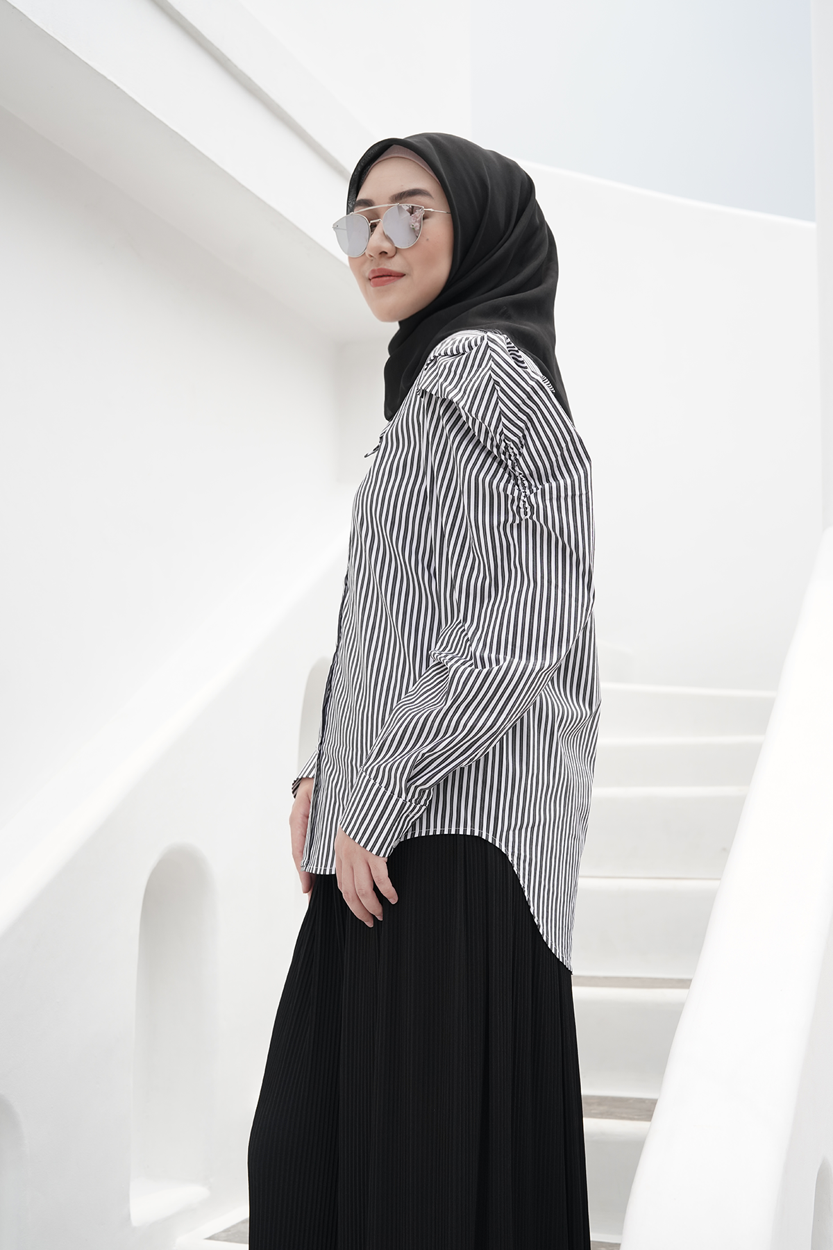 Black Striped Shirt with Puff Sleeves