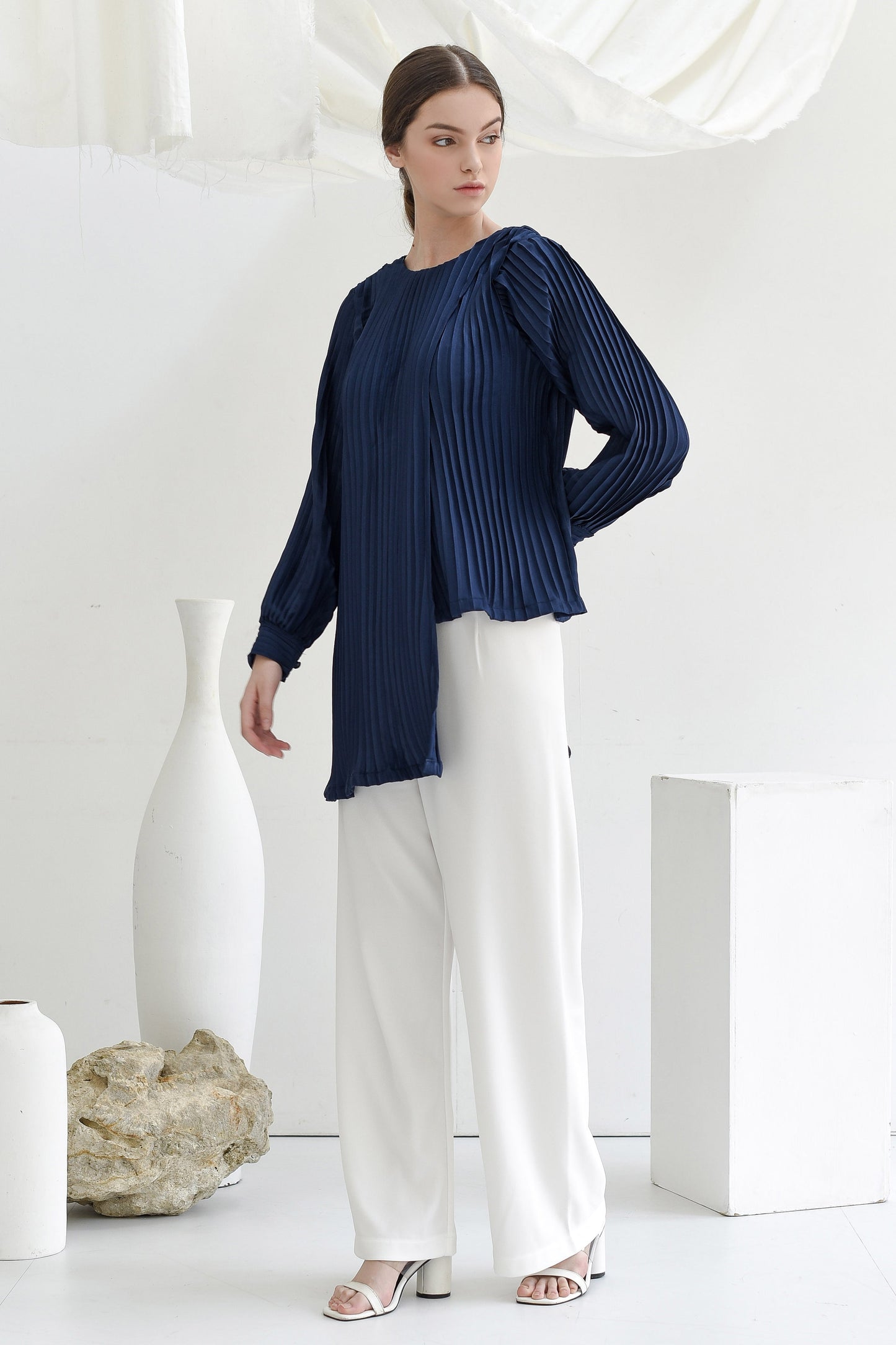 Navy Asymmetric Pleated Blouse
