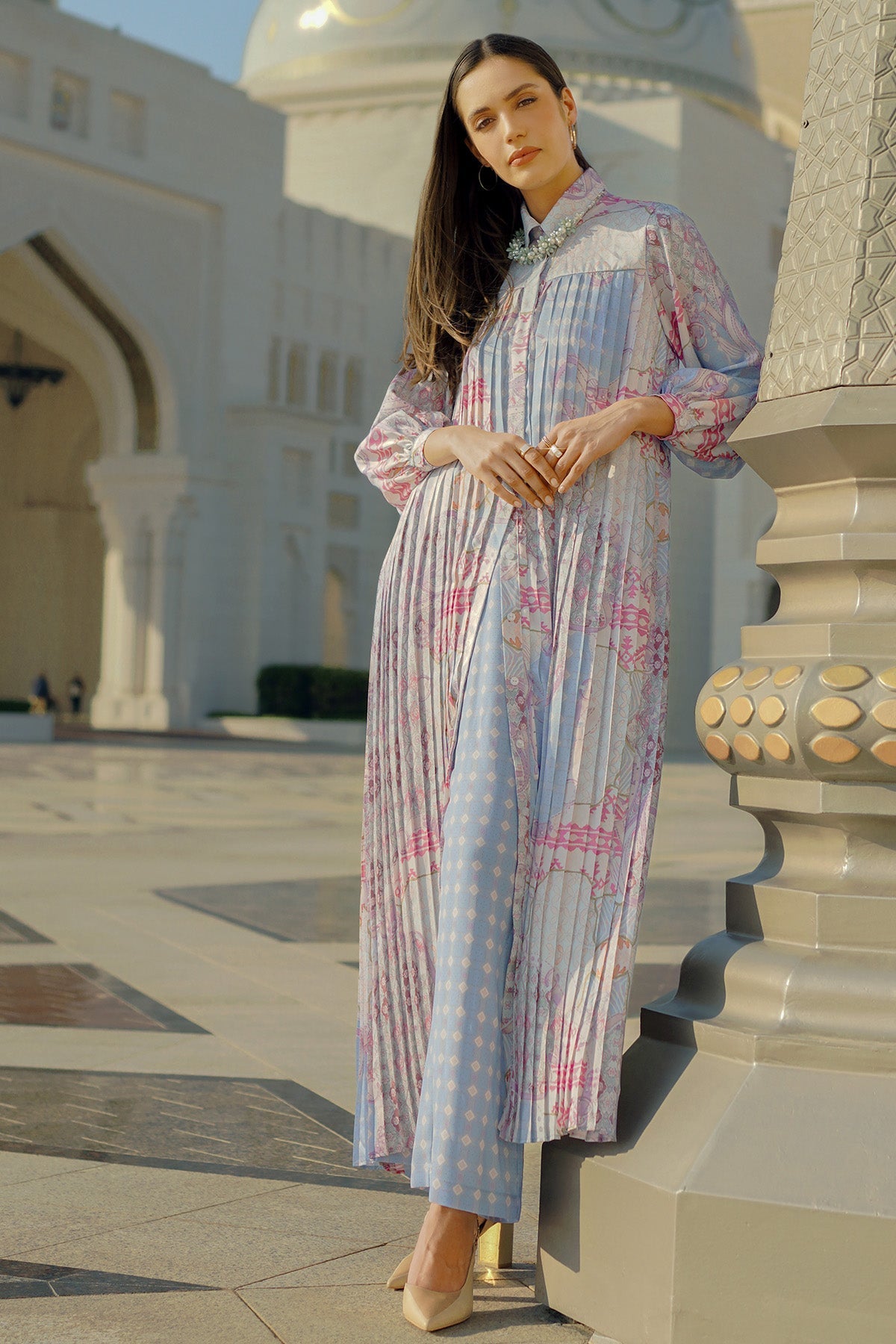 Festive Pleated Shirt Dress - Blue Benang Jarum Festive Pleated Shirt Dress - Blue Benang Jarum