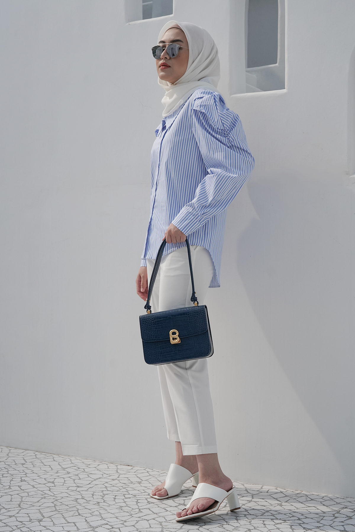 Blue Striped Shirt with Puff Sleeves