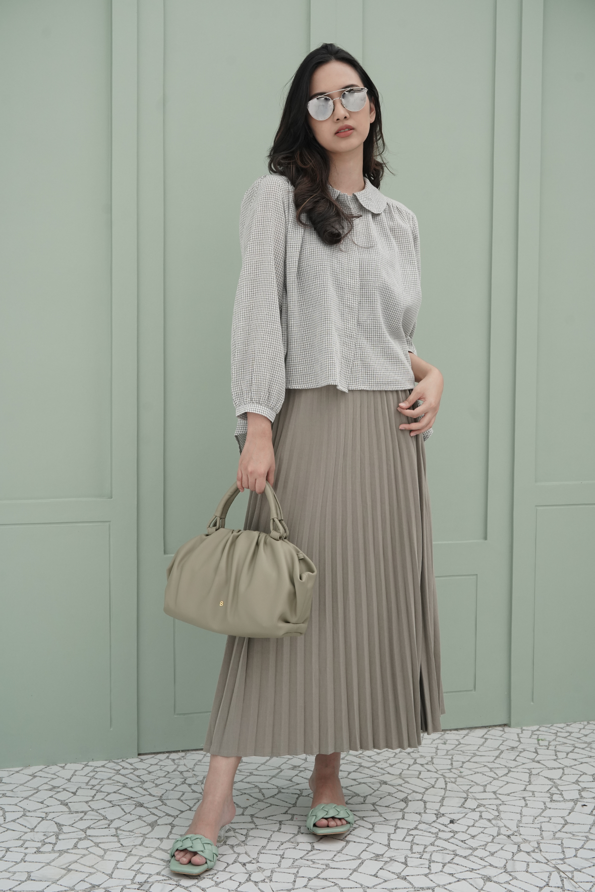 Moss Grey Pleated Skirt