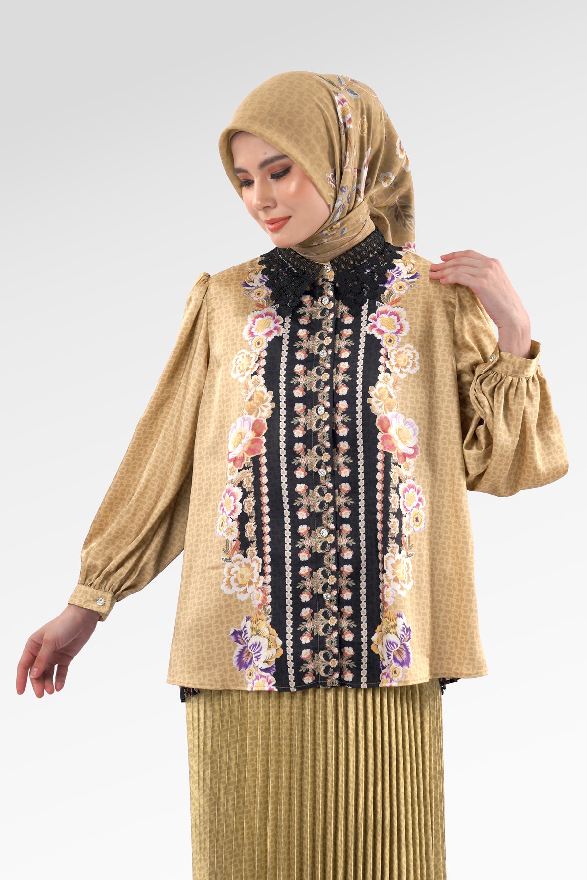 Blooming Eid Back Pleated Shirt - Black Iris