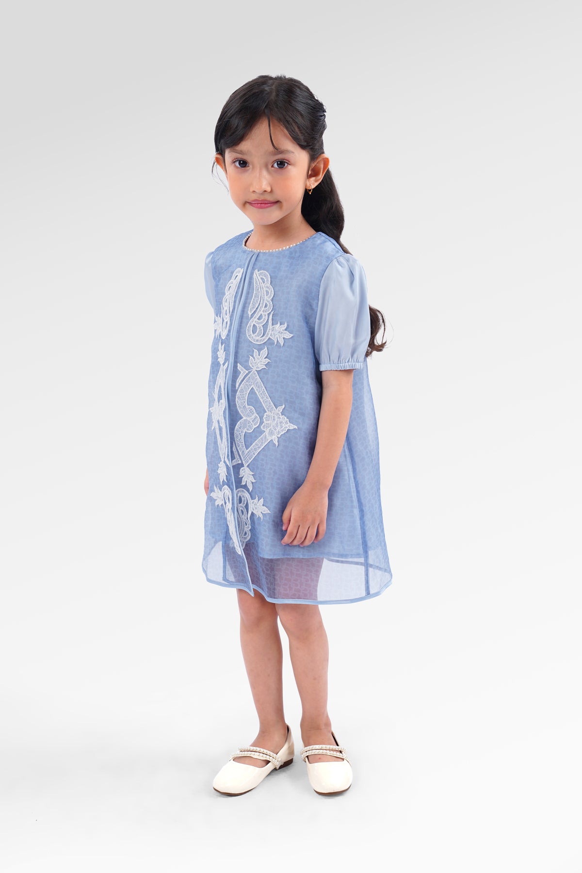 Blooming Eid Kids Organza Dress - Blue Bell