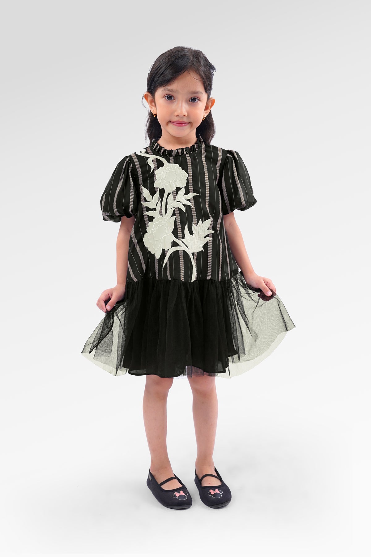 Blooming Eid Kids Stripe Dress - Black