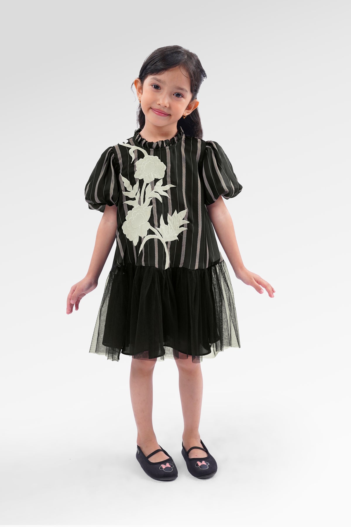 Blooming Eid Kids Stripe Dress - Black