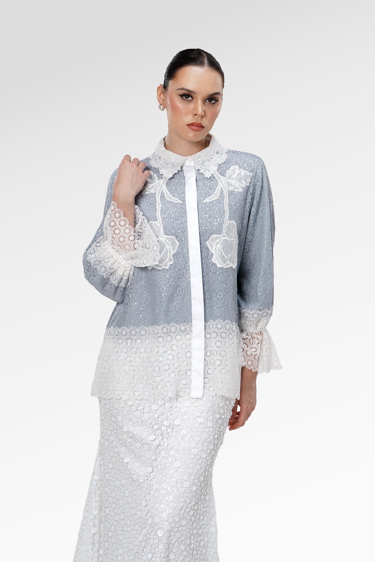 Blooming Eid Lace Shirt - Blue Bell