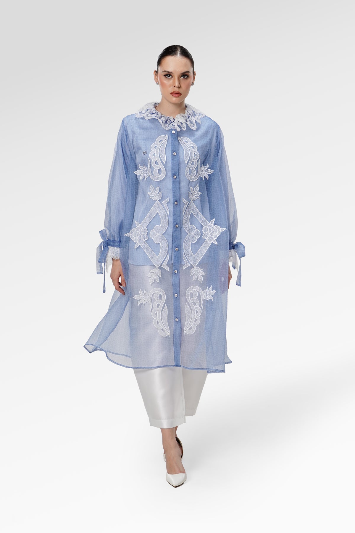 Blooming Eid Organza Embroidery Tunic - Blue Bell