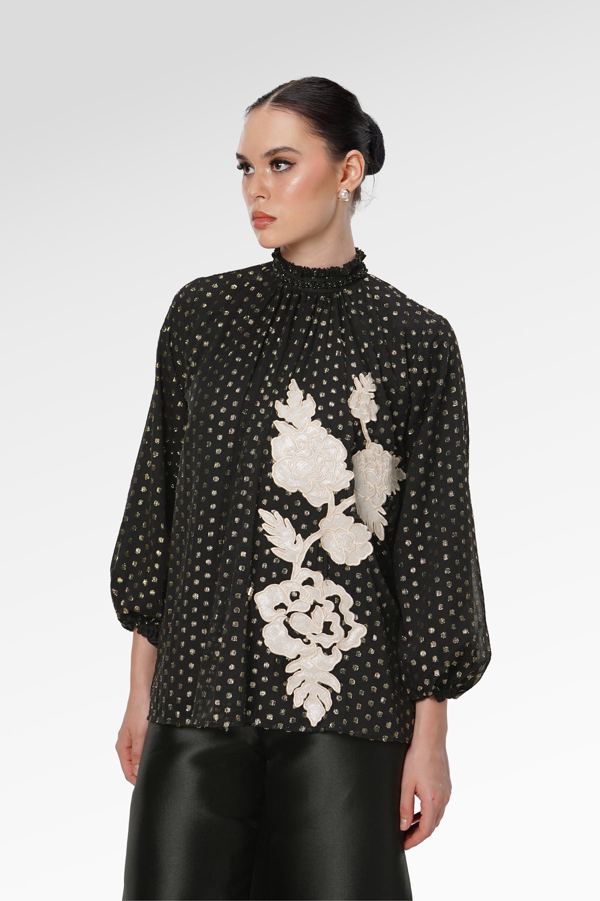 Blooming Eid Polka Dot Blouse - Black Iris – Benang Jarum
