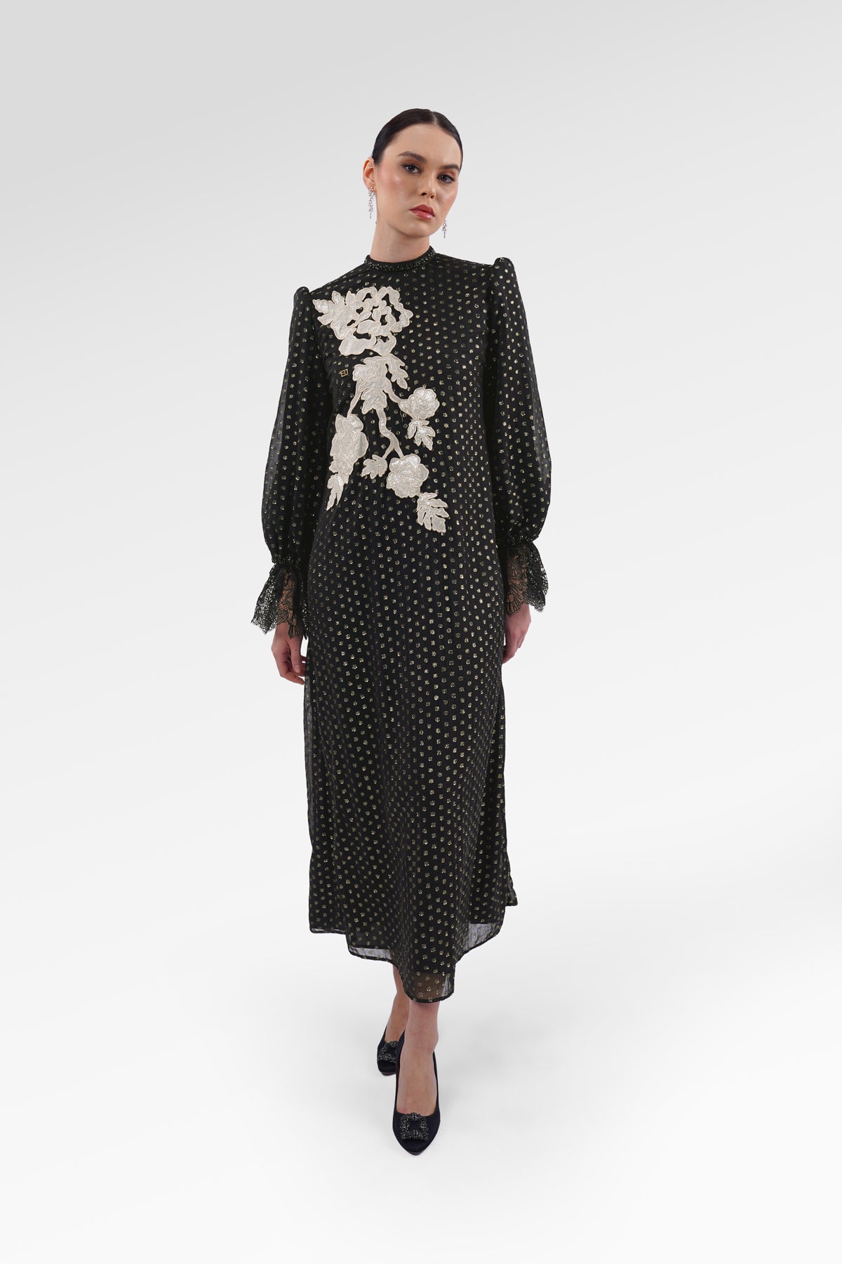Blooming Eid Polka Dot Dress - Black Iris