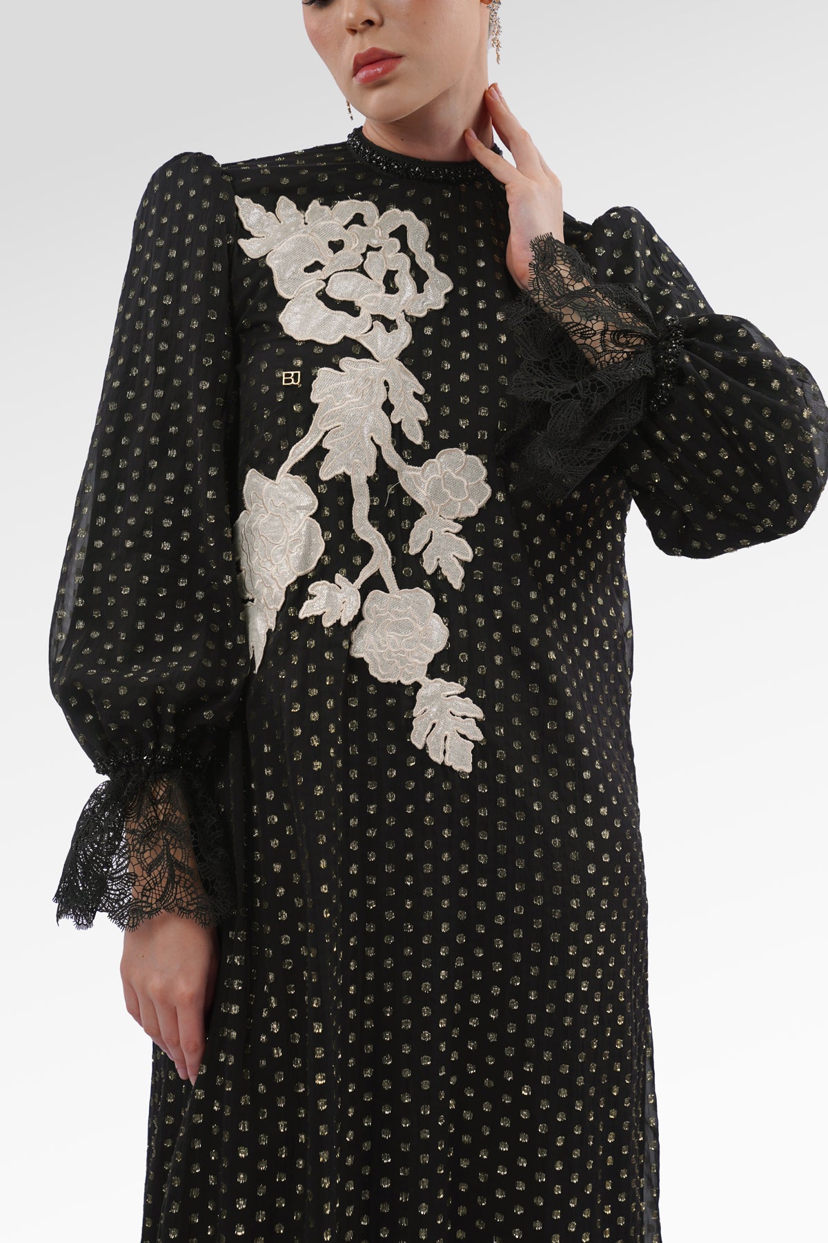 Blooming Eid Polka Dot Dress - Black Iris