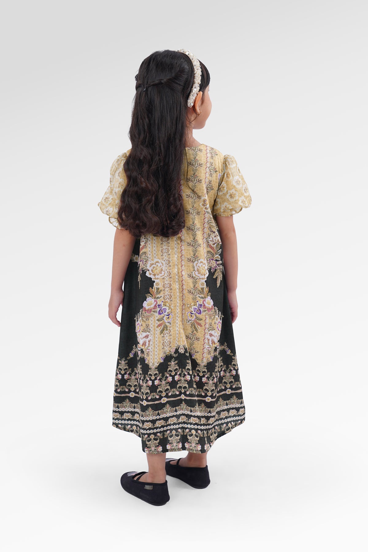 Blooming Eid Puffy Kids Dress - Marigold