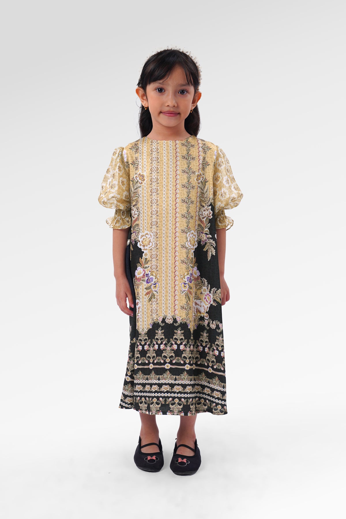 Blooming Eid Puffy Kids Dress - Marigold