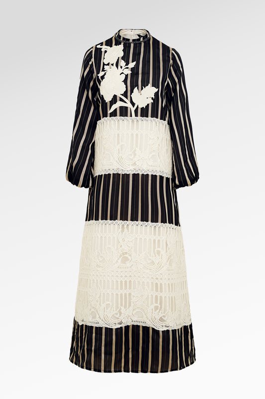 Blooming Eid Stripe Lace Dress - Black Iris