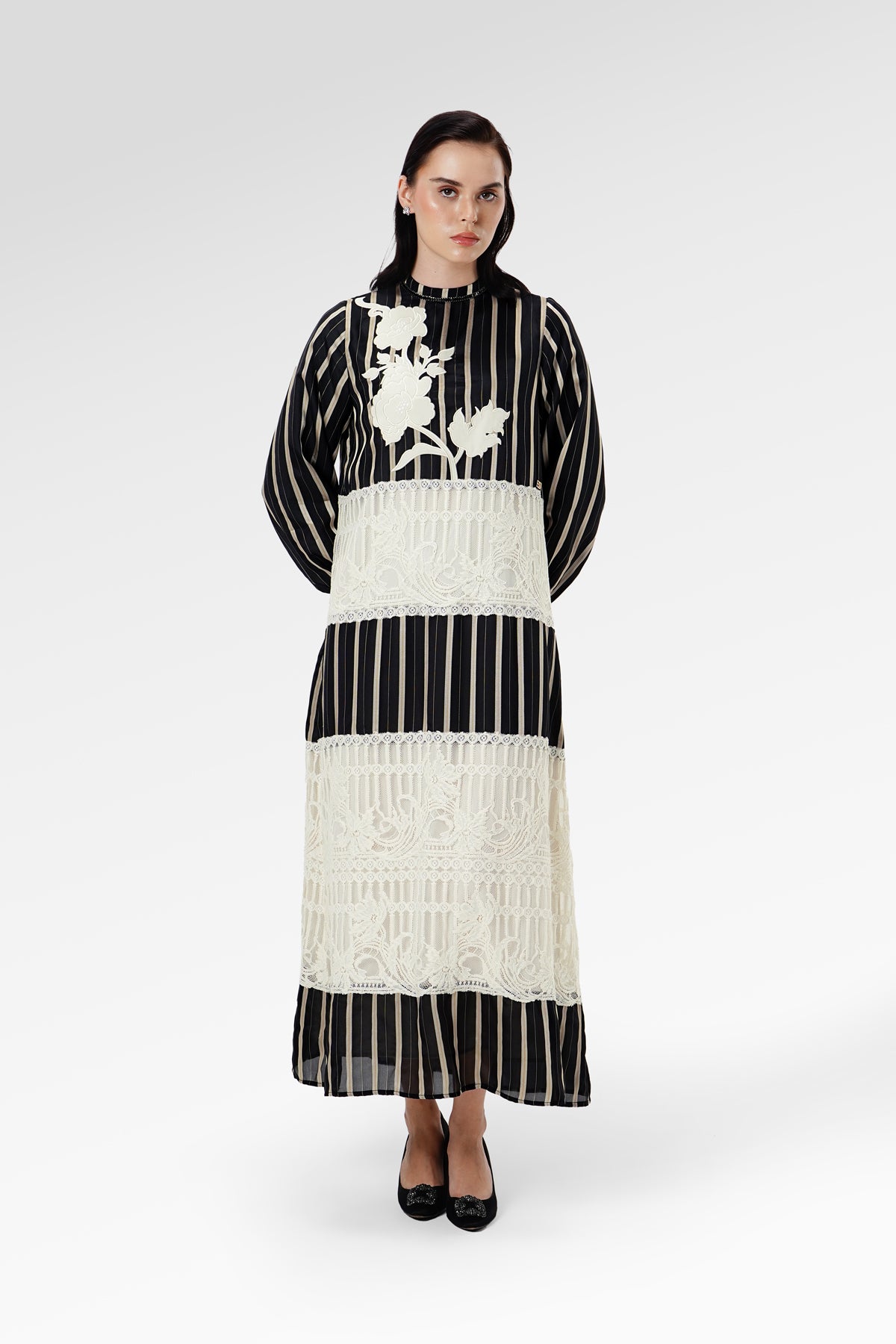 Blooming Eid Stripe Lace Dress - Black Iris