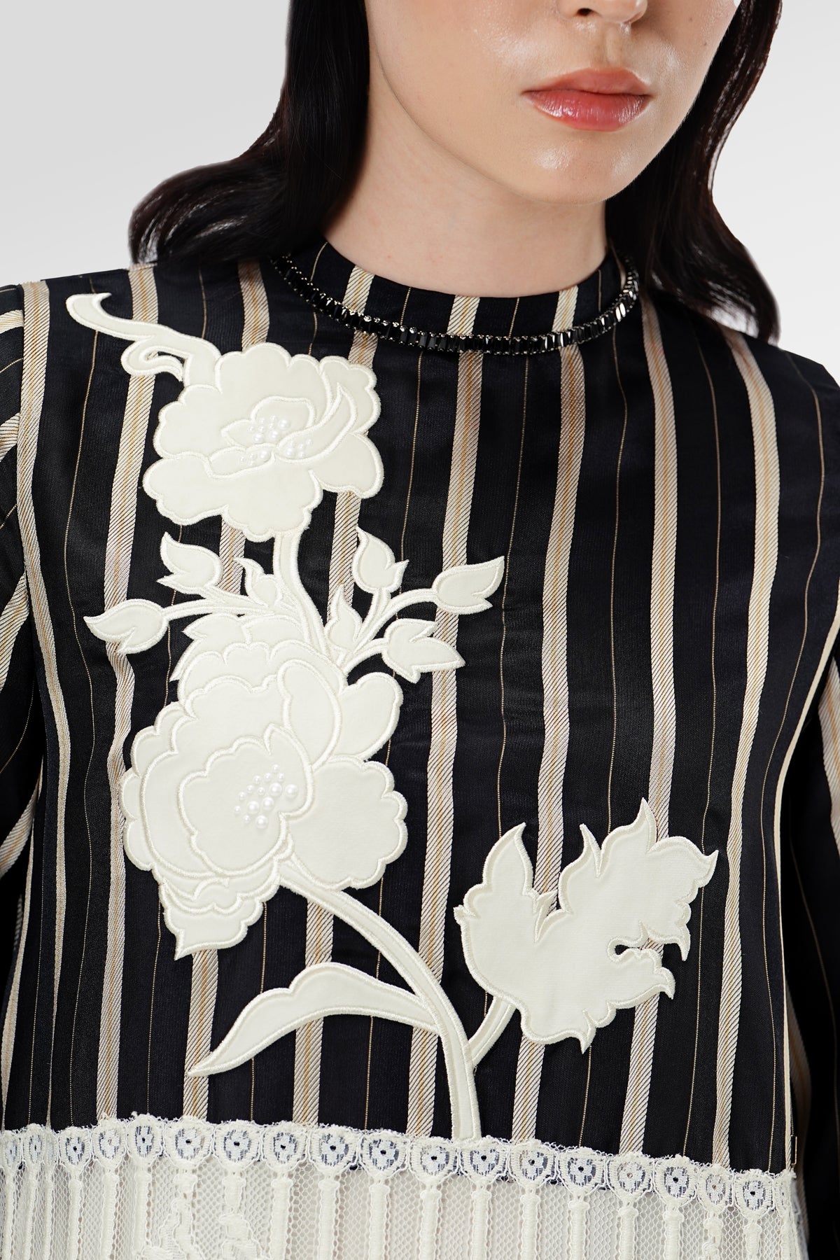 Blooming Eid Stripe Lace Dress - Black Iris