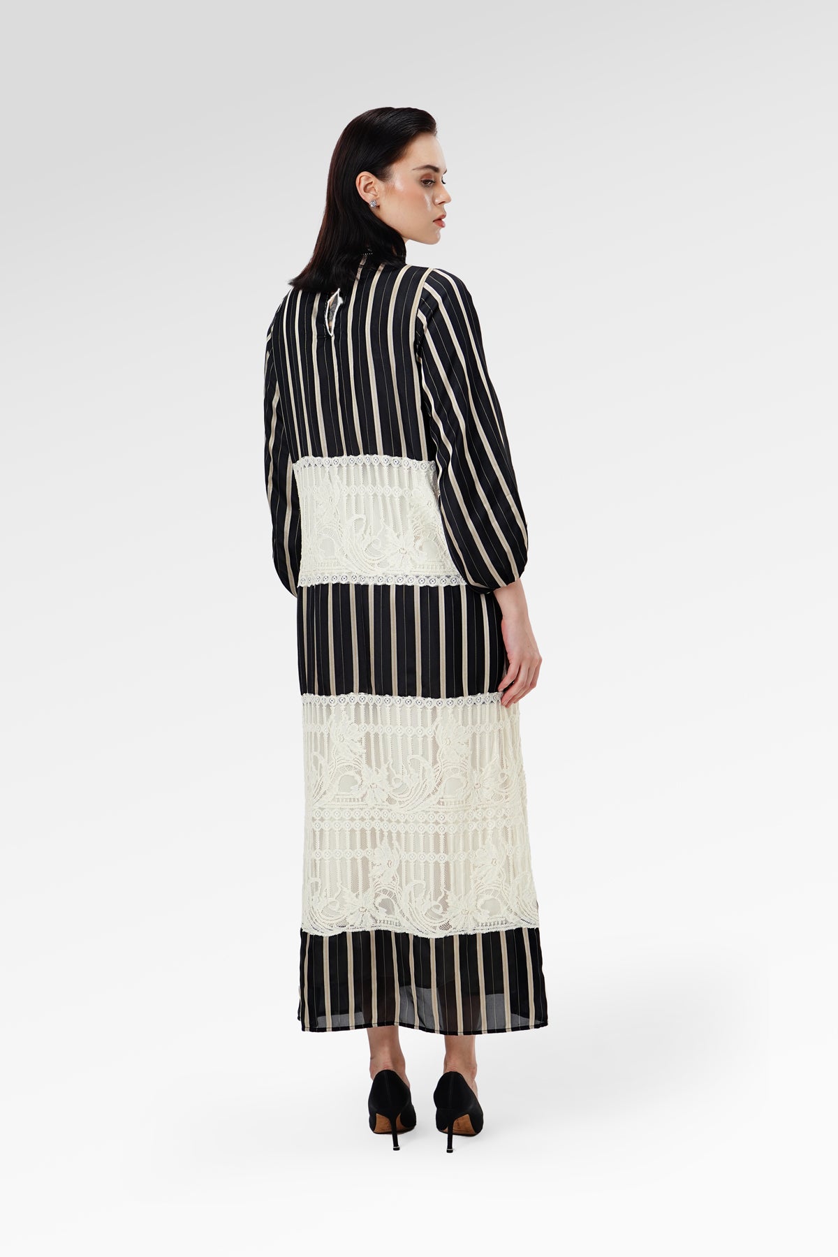 Blooming Eid Stripe Lace Dress - Black Iris