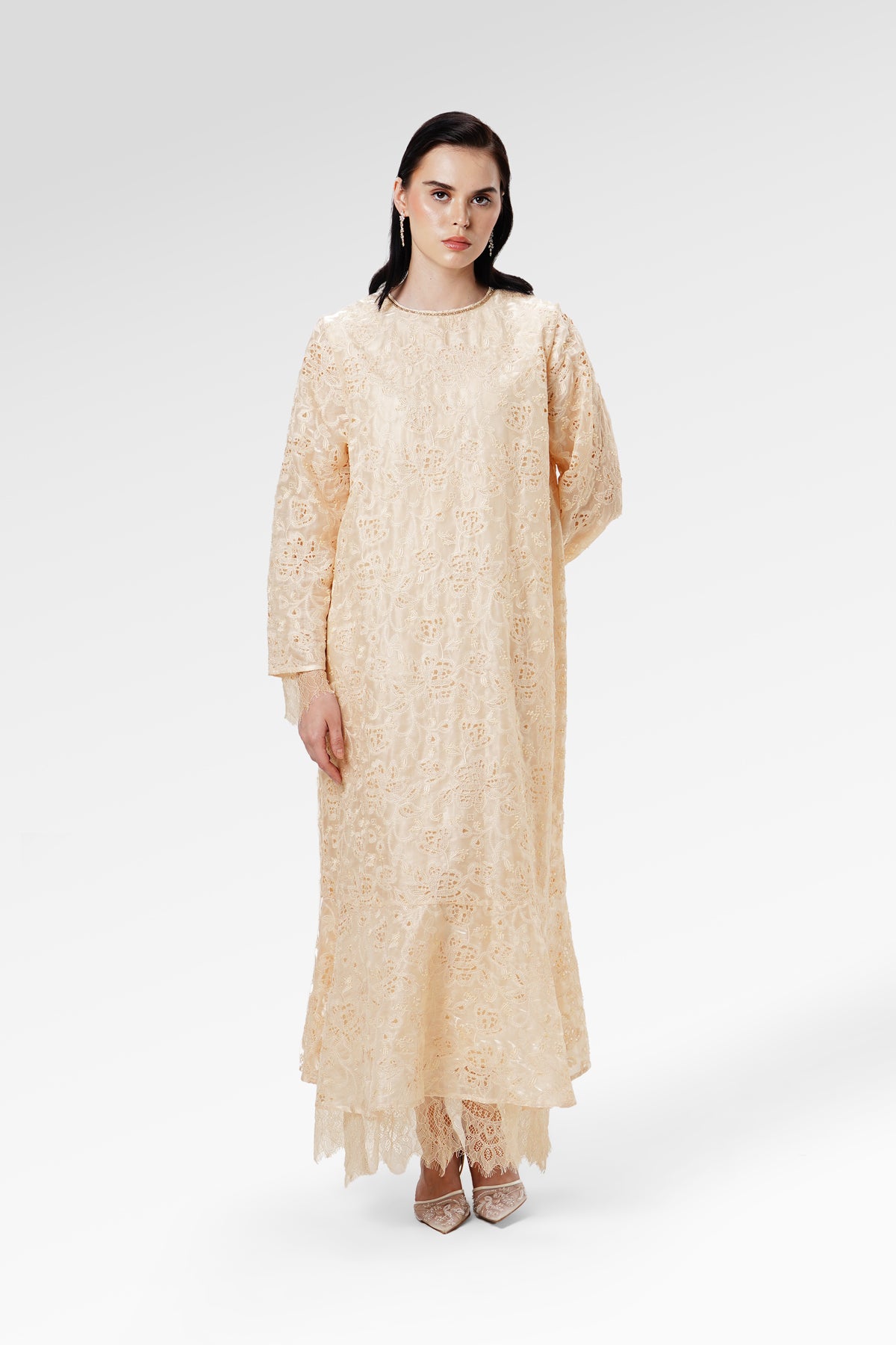Blooming Eid Lace Beaded Dress - Cream