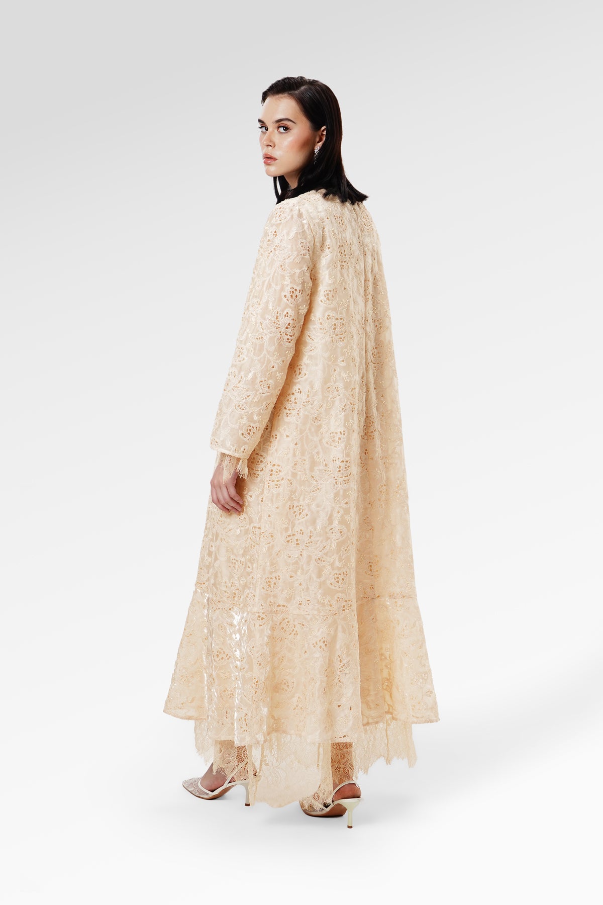 Blooming Eid Lace Beaded Dress - Cream