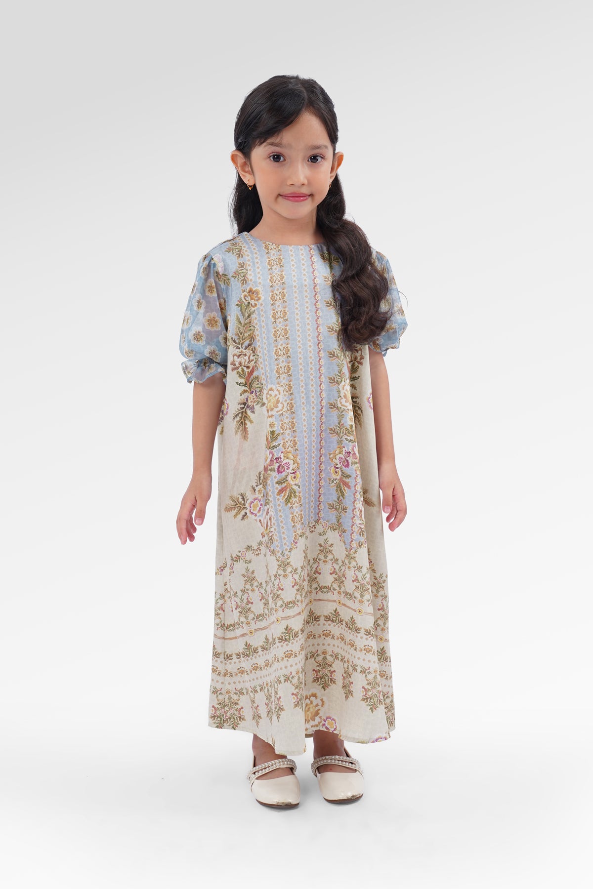 Blooming Eid Puffy Kids Dress - Blue Bell