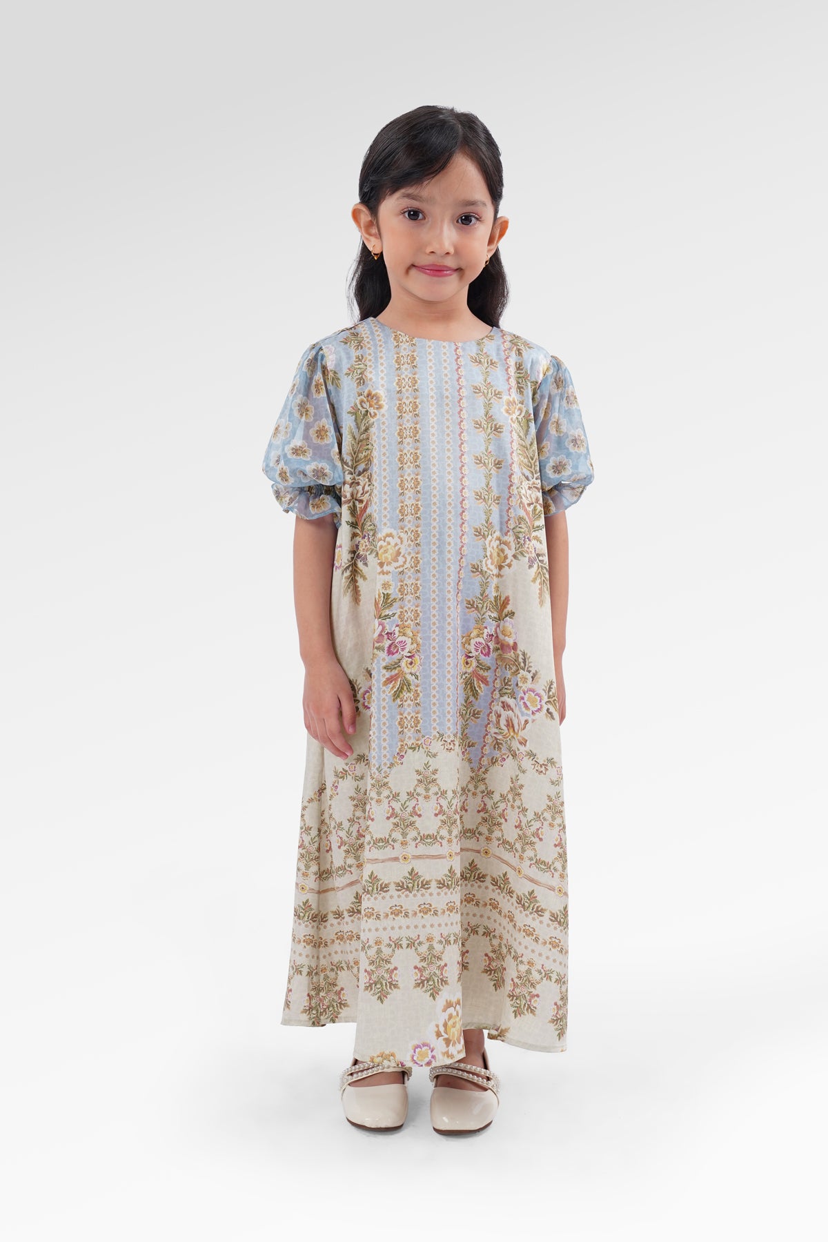 Blooming Eid Puffy Kids Dress - Blue Bell