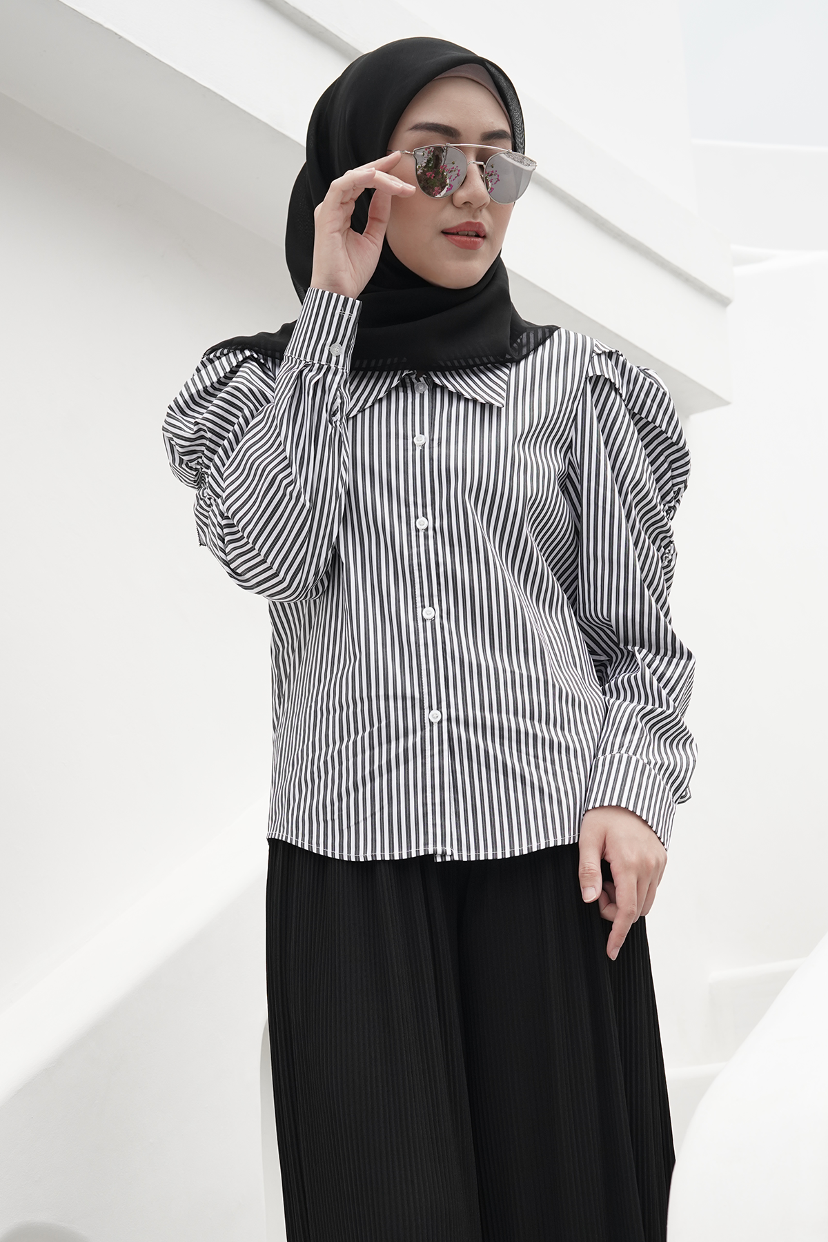 Black Striped Shirt with Puff Sleeves