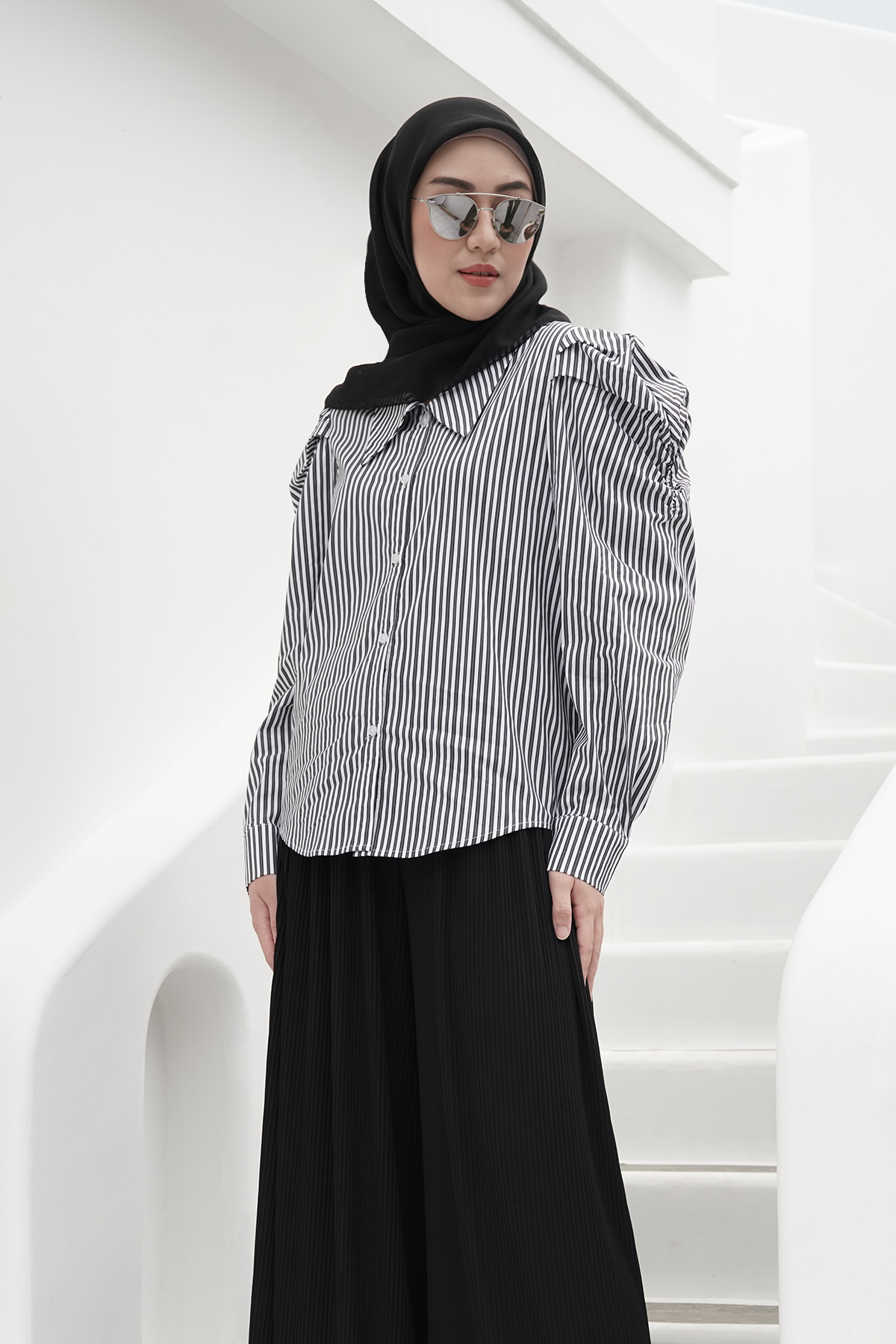 Black Striped Shirt with Puff Sleeves