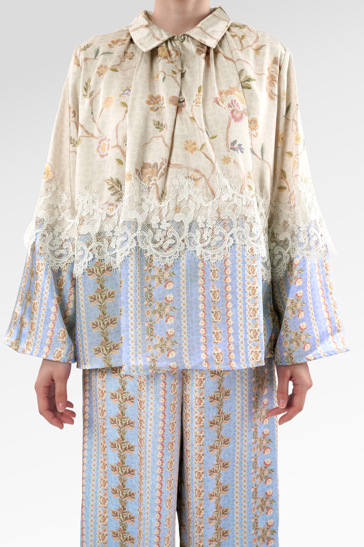 Blooming Eid Satin Shirt - Blue Bell