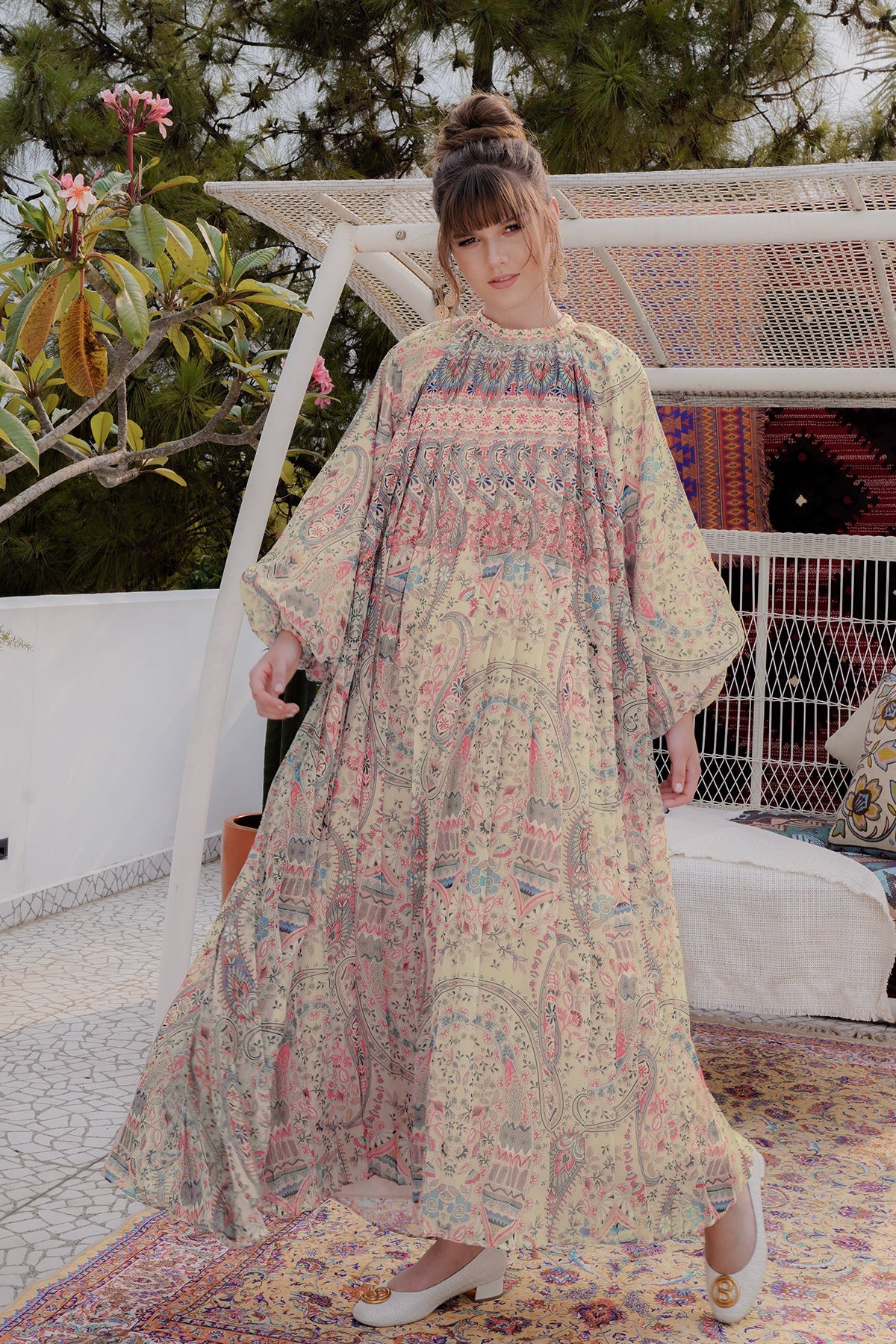 bohemia pleated dress Bohemian Pleated Waist Puff Sleeve Chiffon Maxi Dress Likemychoice