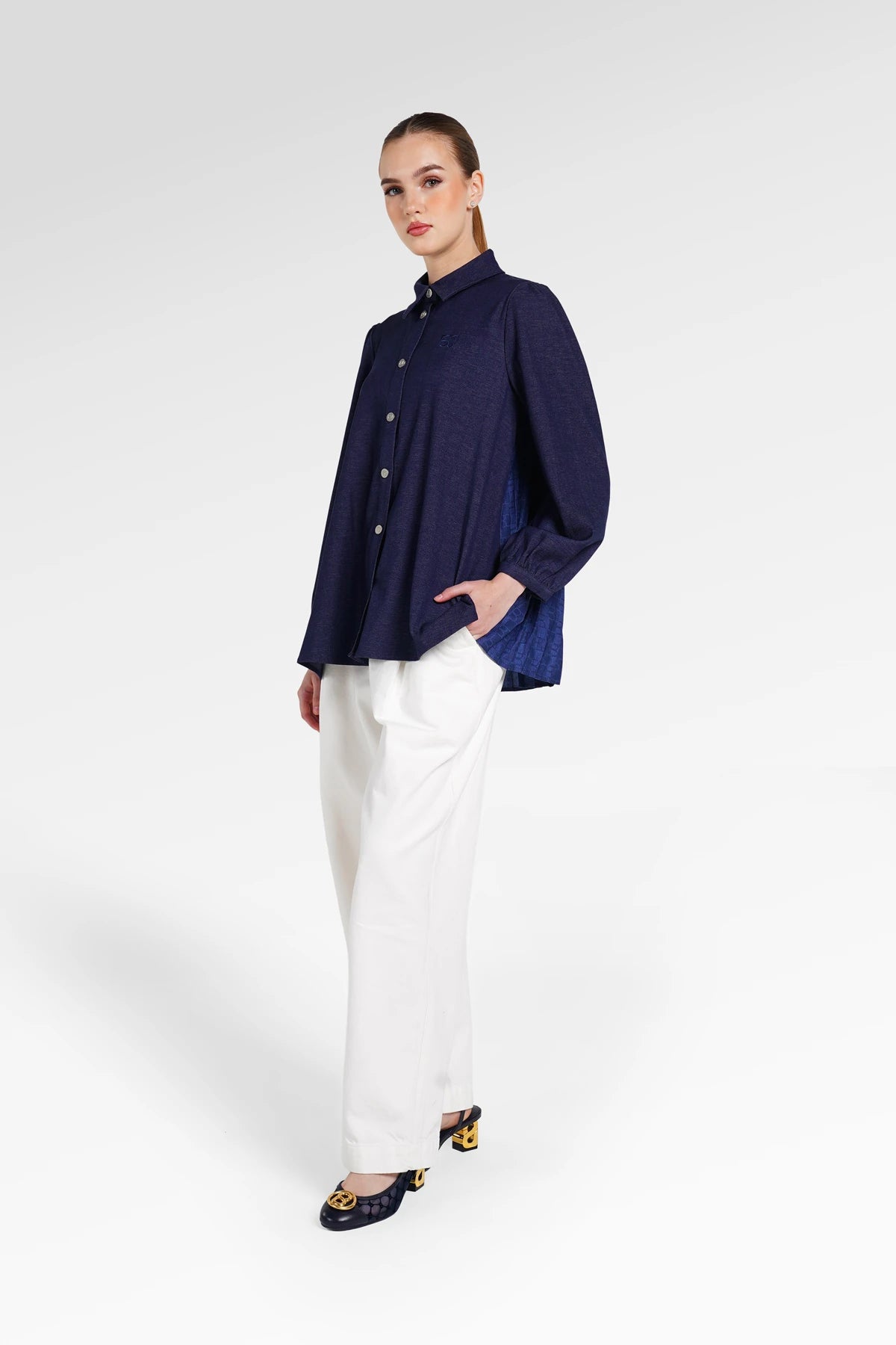 Denim Tales Back Pleated Shirt - Dark Blue