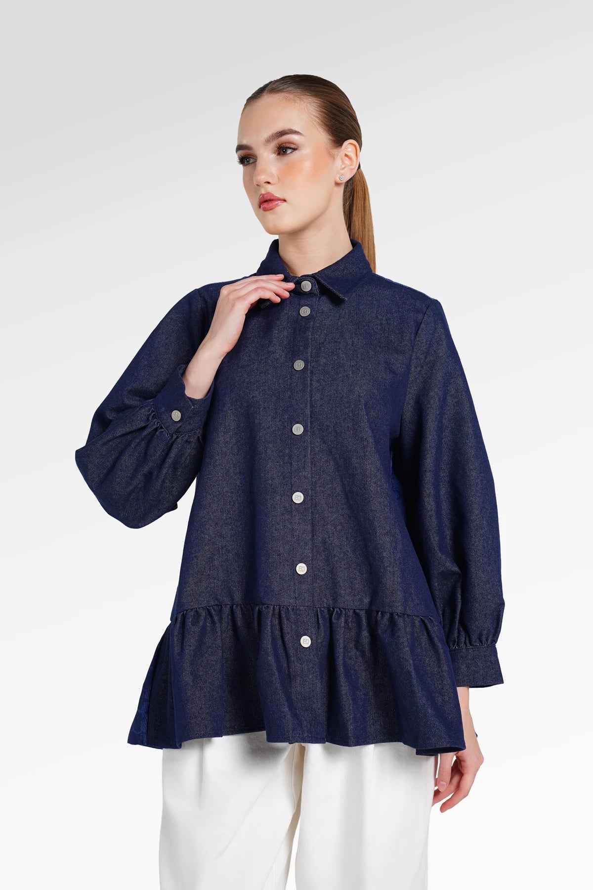 Denim Tales Peplum Shirt - Dark Blue