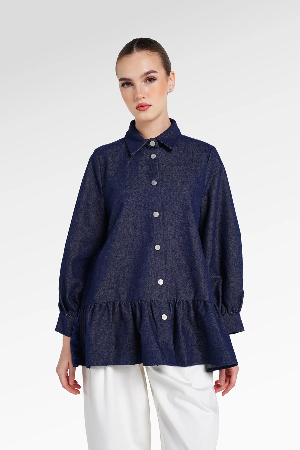 Denim Tales Peplum Shirt - Dark Blue