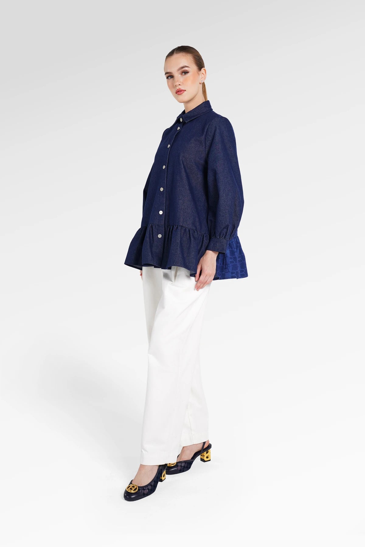 Denim Tales Peplum Shirt - Dark Blue