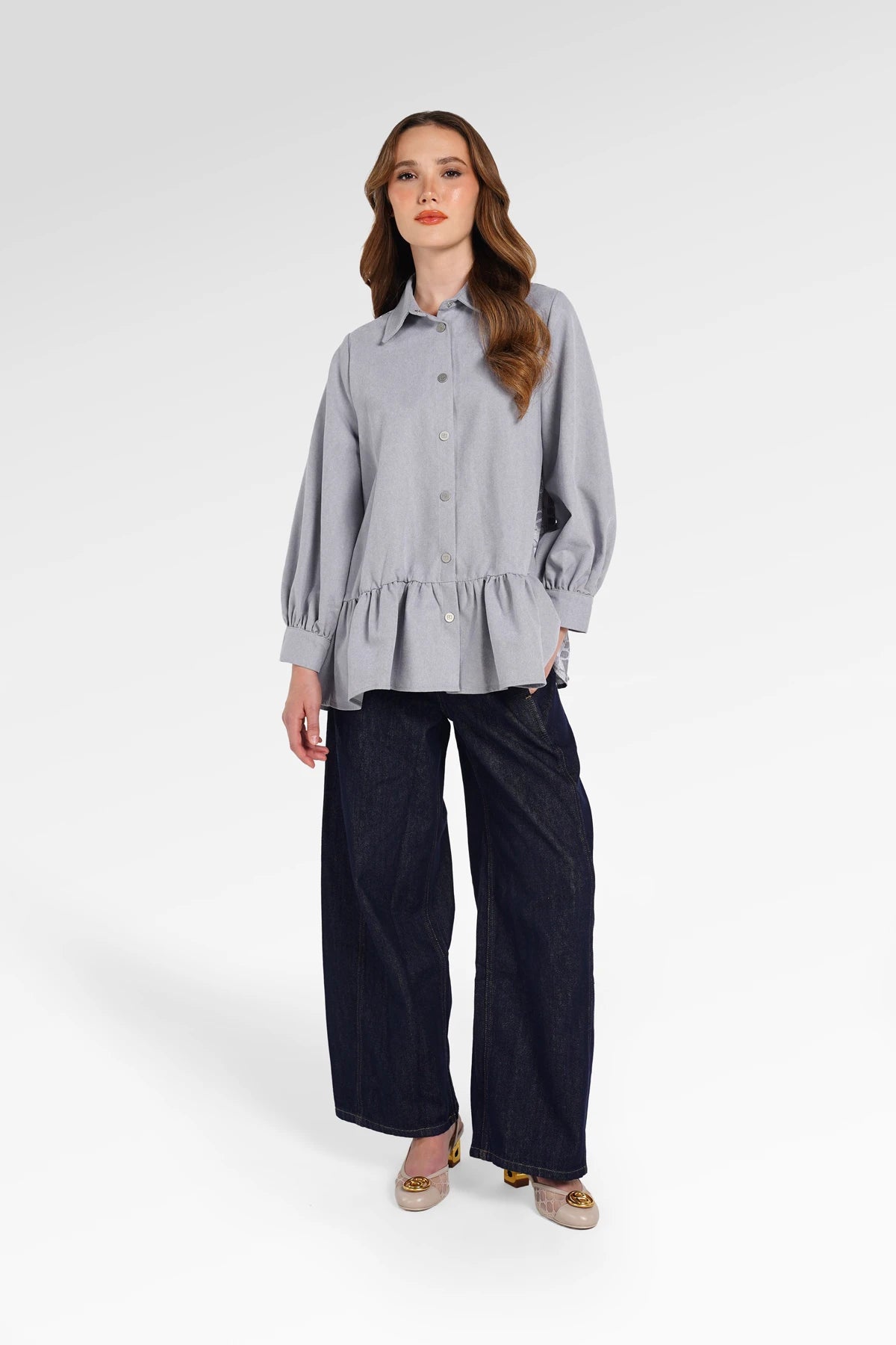 Denim Tales Peplum Shirt - Grey