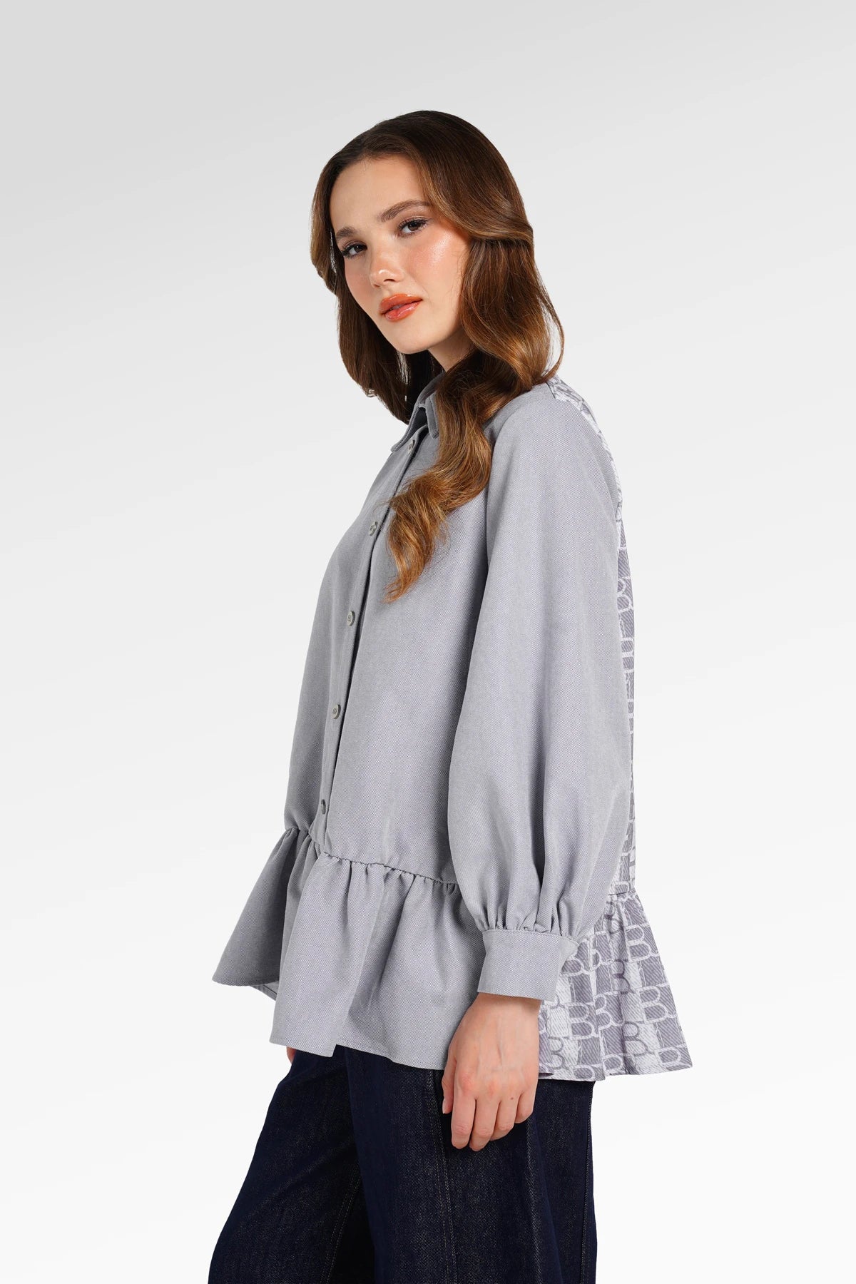 Denim Tales Peplum Shirt - Grey