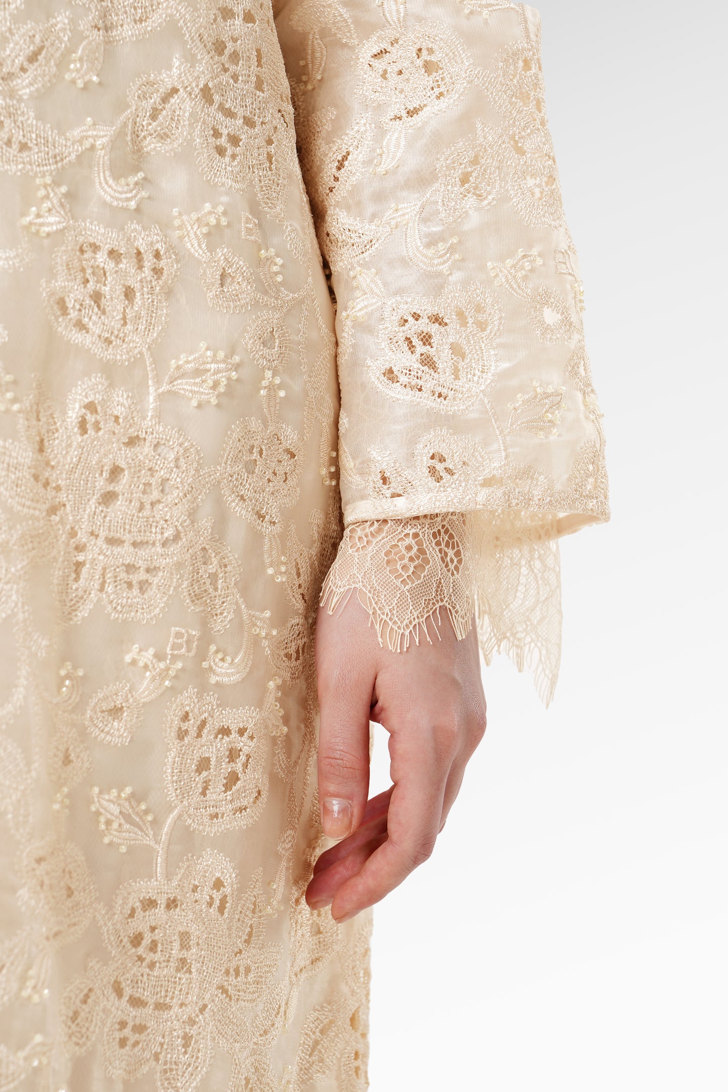 Blooming Eid Lace Beaded Dress - Cream