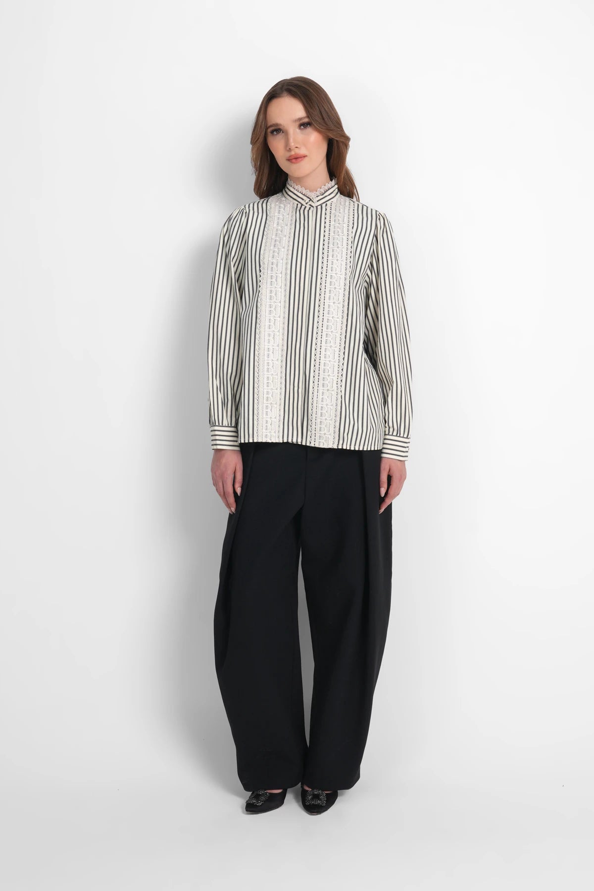 Harmony in Stripe Back Pleated Shirt - Ivory Navy