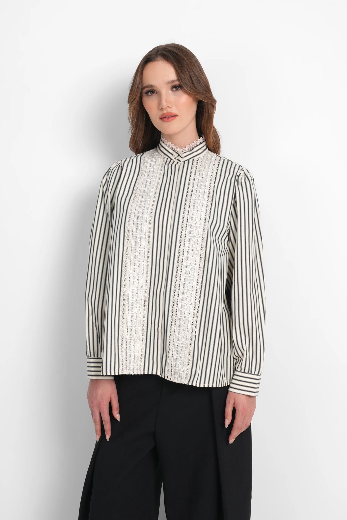 Harmony in Stripe Back Pleated Shirt - Ivory Navy