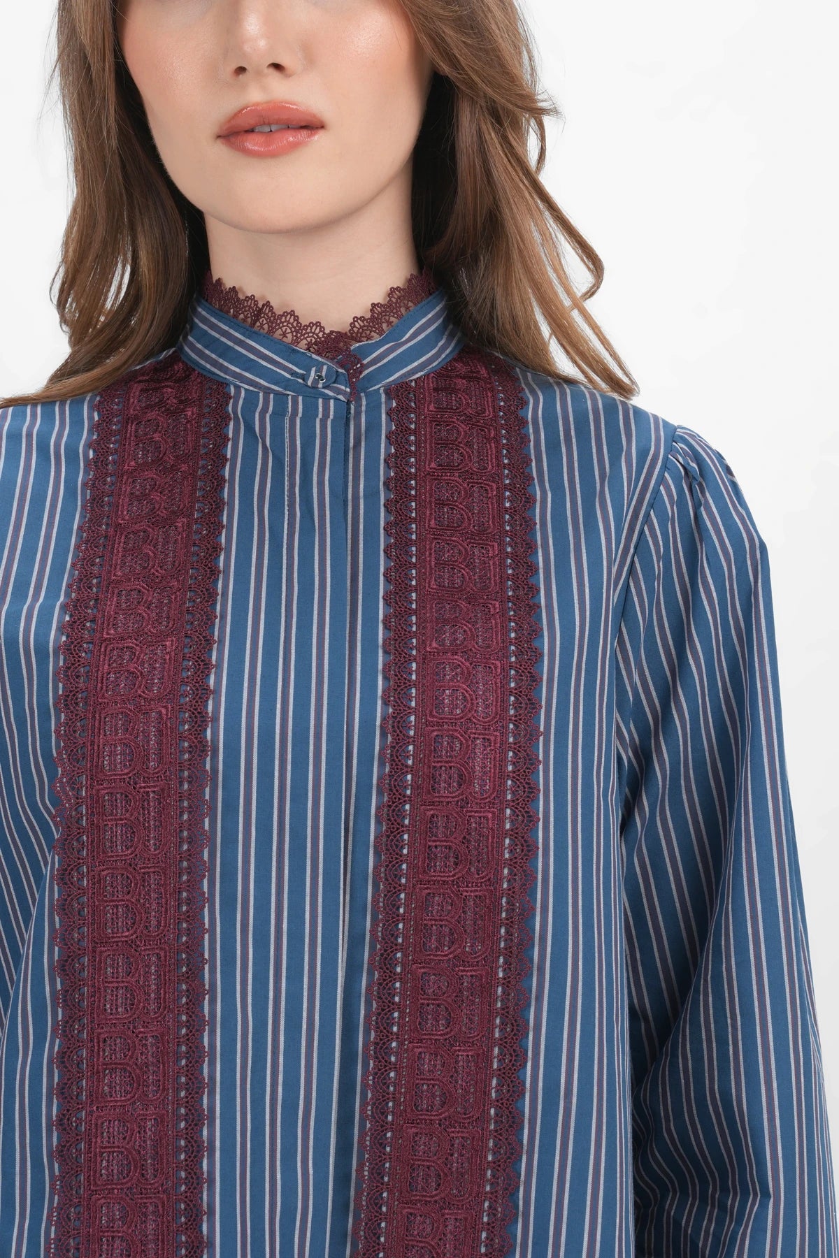 Harmony in Stripe Back Pleated Shirt - Maroon Navy