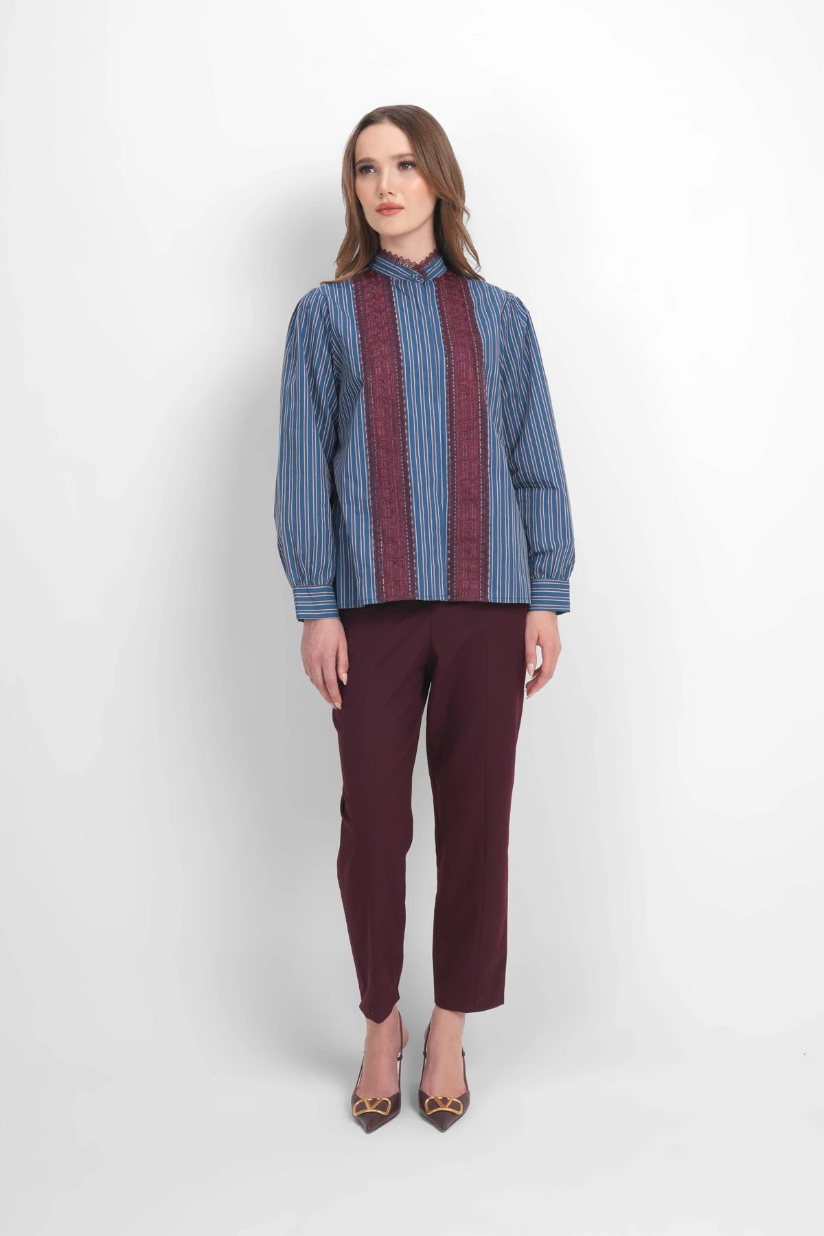Harmony in Stripe Back Pleated Shirt - Maroon Navy