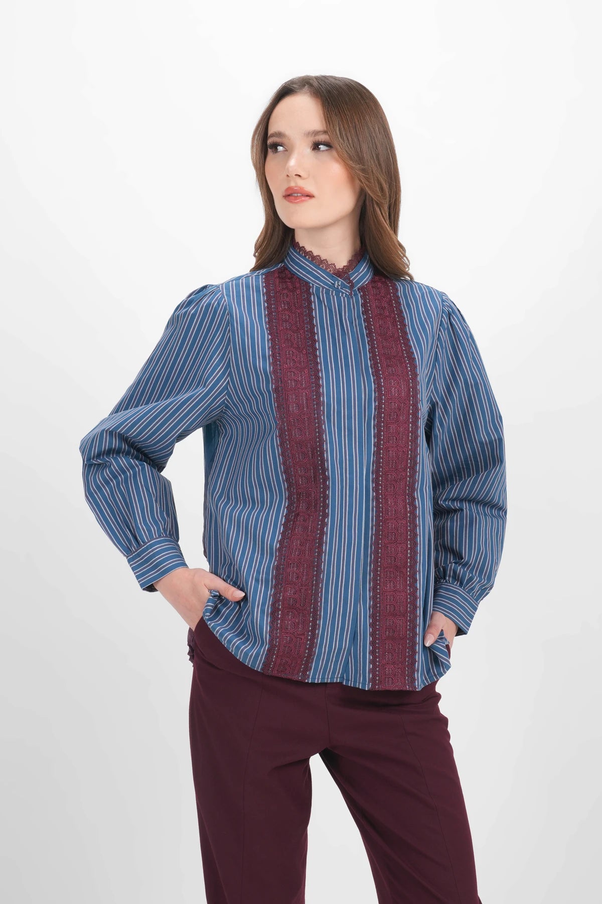 Harmony in Stripe Back Pleated Shirt - Maroon Navy