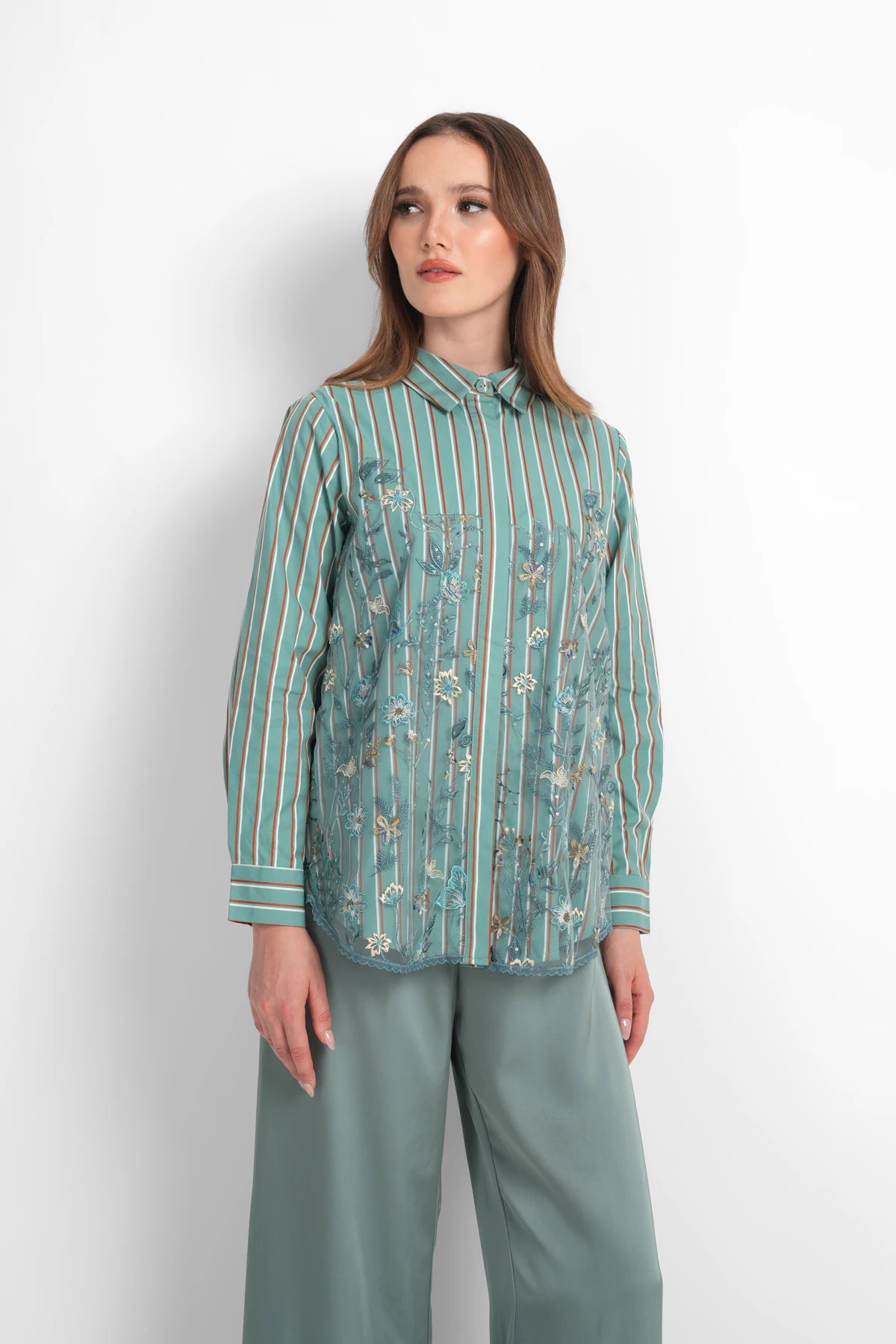 Harmony in Stripe Blooming Lace Shirt - Dusty Mint