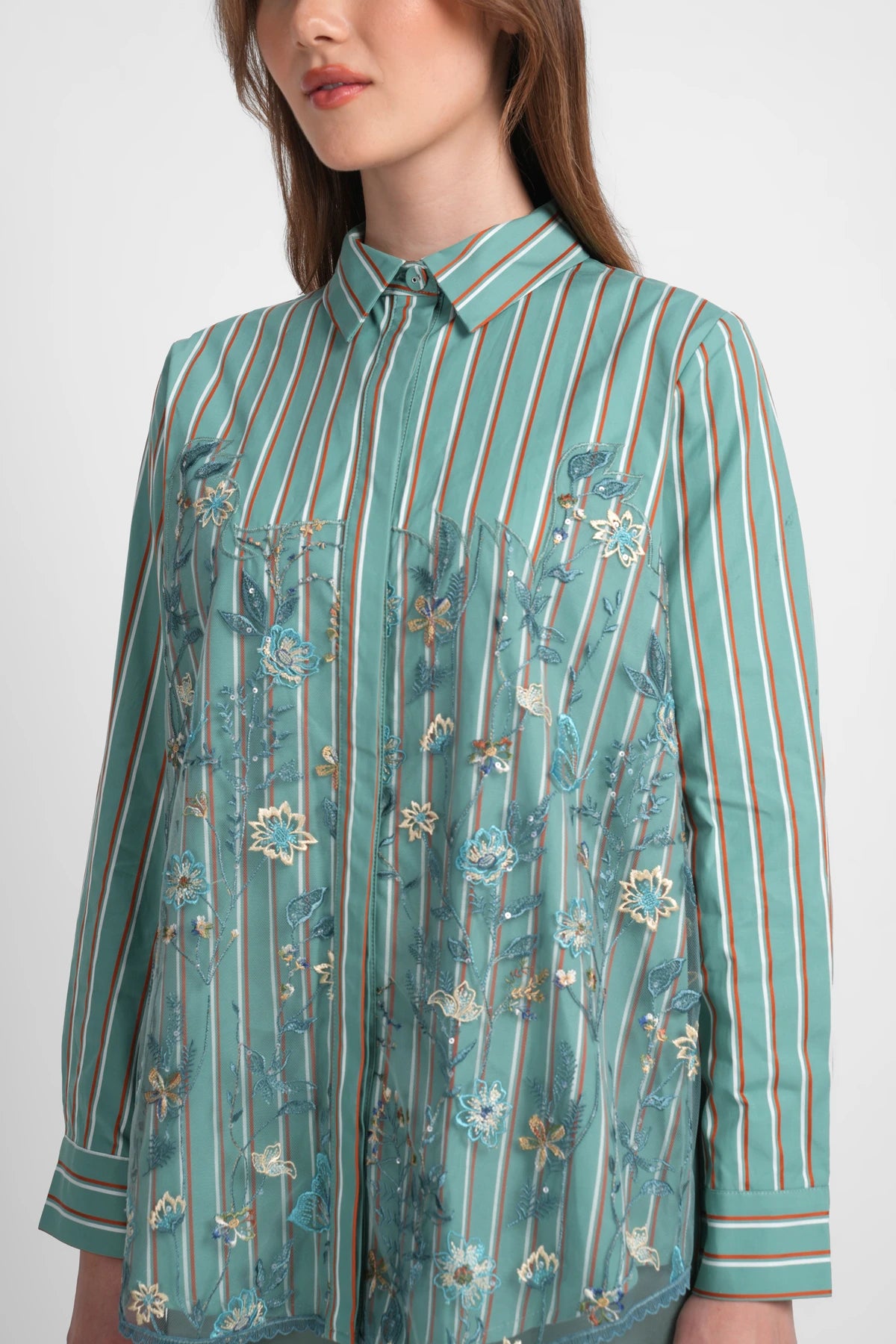 Harmony in Stripe Blooming Lace Shirt - Dusty Mint