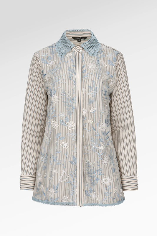 Harmony in Stripe Lace Shirt - Oatmeal Blue