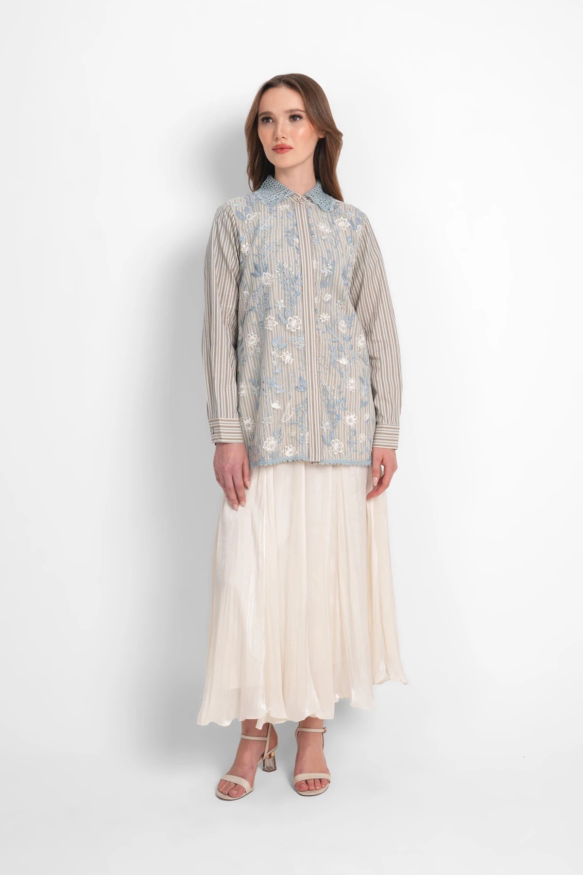 Harmony in Stripe Lace Shirt - Oatmeal Blue