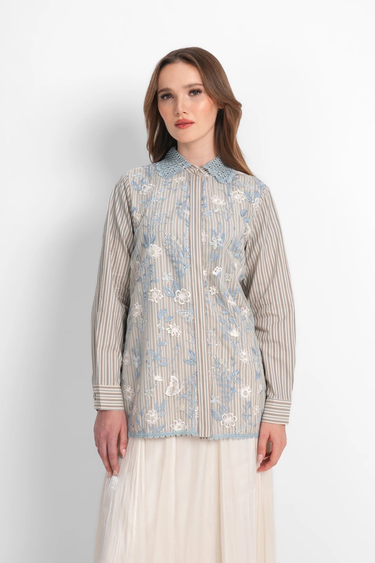 Harmony in Stripe Lace Shirt - Oatmeal Blue