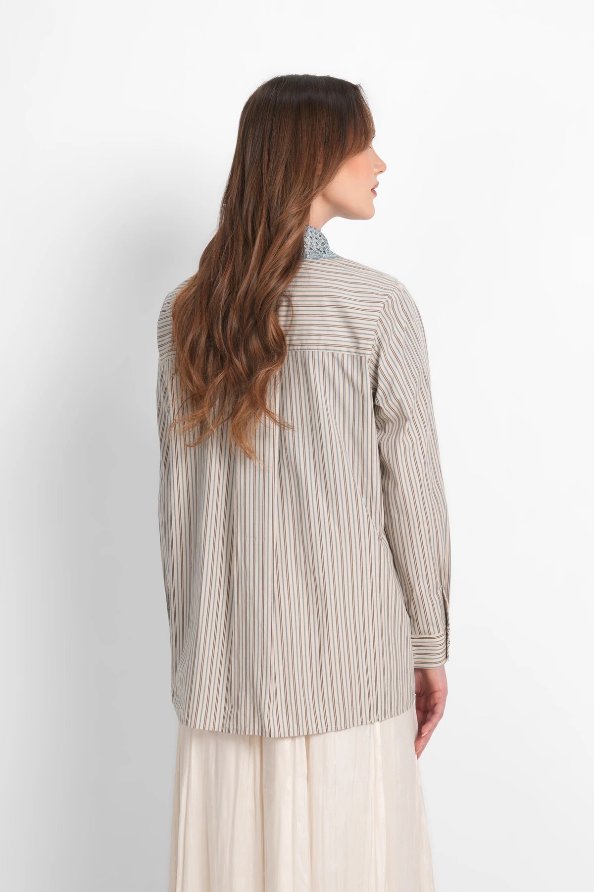 Harmony in Stripe Lace Shirt - Oatmeal Blue