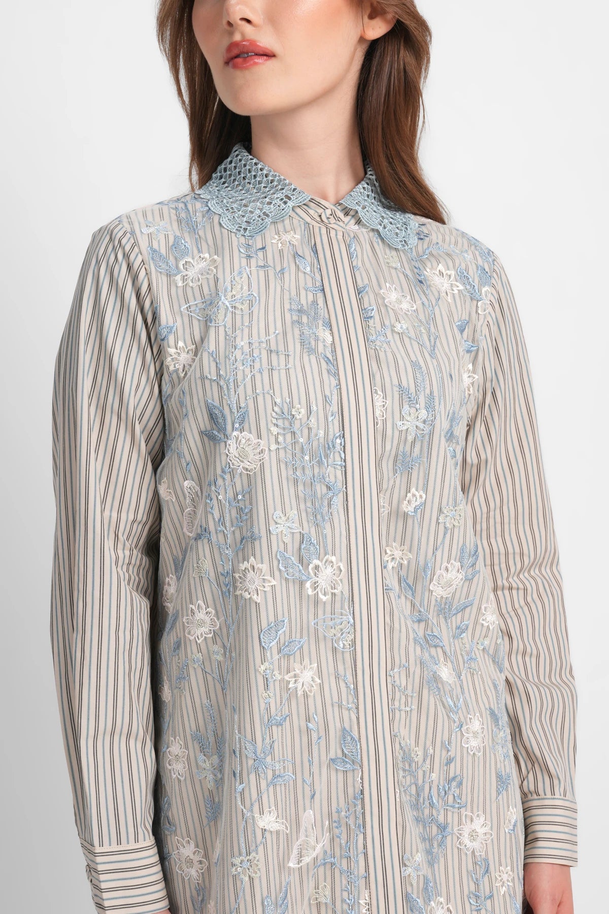 Harmony in Stripe Lace Shirt - Oatmeal Blue