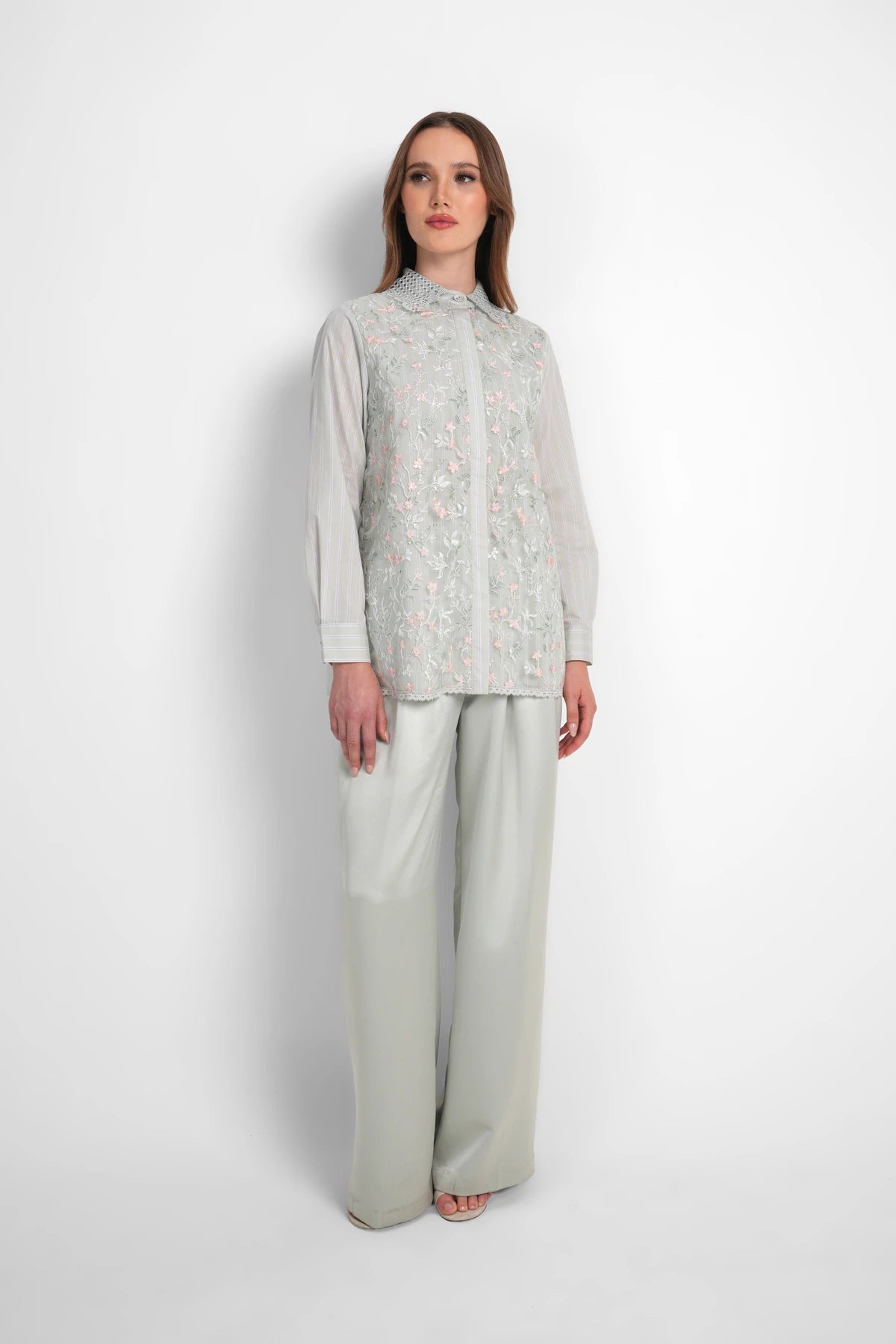 Harmony in Stripe Lace Shirt - Sage