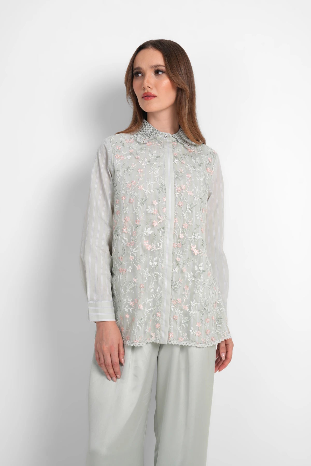 Harmony in Stripe Lace Shirt - Sage